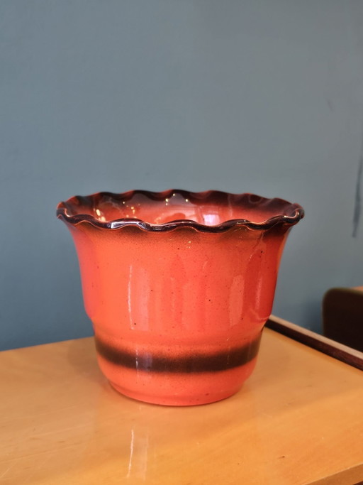 Maceta Vintage Cerámica Naranja Marrón Ondulada