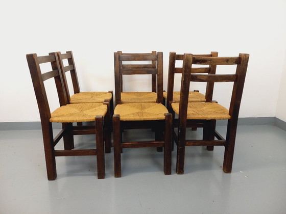 Image 1 of Set of 6 vintage brutalist chairs in solid oak and straw from the 60s