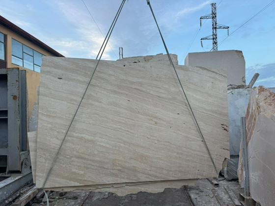 Image 1 of Travertine rectangular solid wood dining table – natural stone table