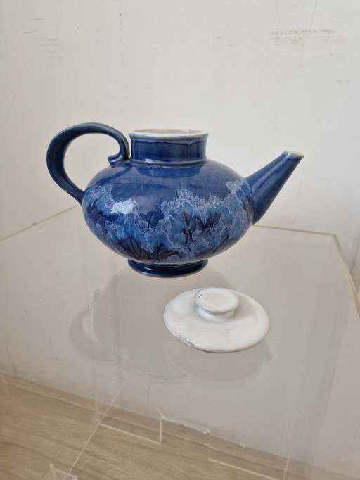 Vintage Majolica theepot glazuur blauw 