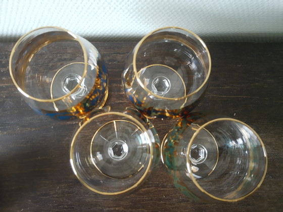 Image 1 of Prachtige 60's vintage brandy whisky whiskey cognac glazen met bladgouden randen en blauwe details