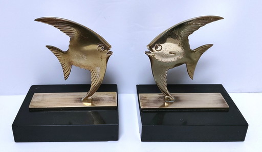 Pair of Bookends Fish Bronze Marble Black Design