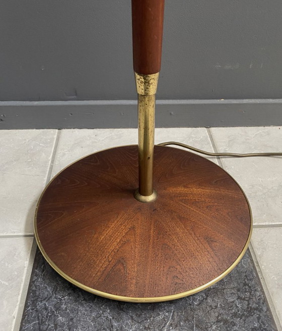 Image 1 of Lampada da terra vintage in teak con paralume stampato a ciambella