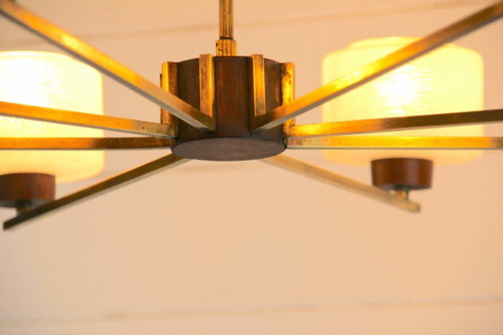 Image 1 of Lampadario scandinavo a otto luci, teak, ottone e opalino, metà secolo