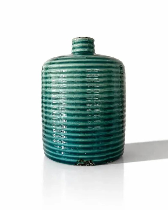 Eendenblauwe geribbelde geglazuurde keramische flesvaas – Mid-Century stijl – Vazen, Porselein, Keramiek (photo 3 of 9)