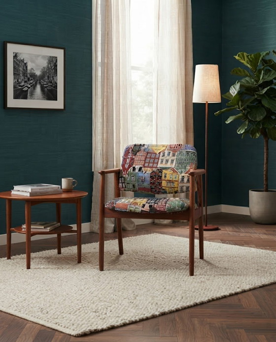 Vintage Hungarian Lounge Chair in Pattern Fabric with Wooden Frame – Armchairs, Art Deco (photo 2 of 3)