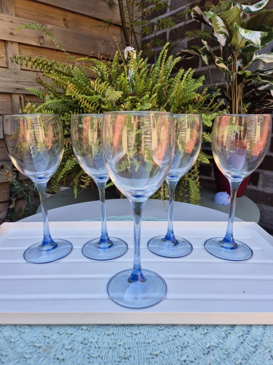 Vintage Luminarc Red Wine Glasses Set of 5 – Original Box – French Glassware (Blue Stem) – Glass & Decanter (photo 9 of 15)