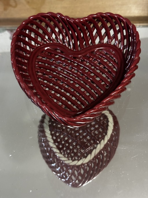 Vassoio portagioie/centrotavola a forma di cuore in ceramica intrecciata - stile Massier anni '50