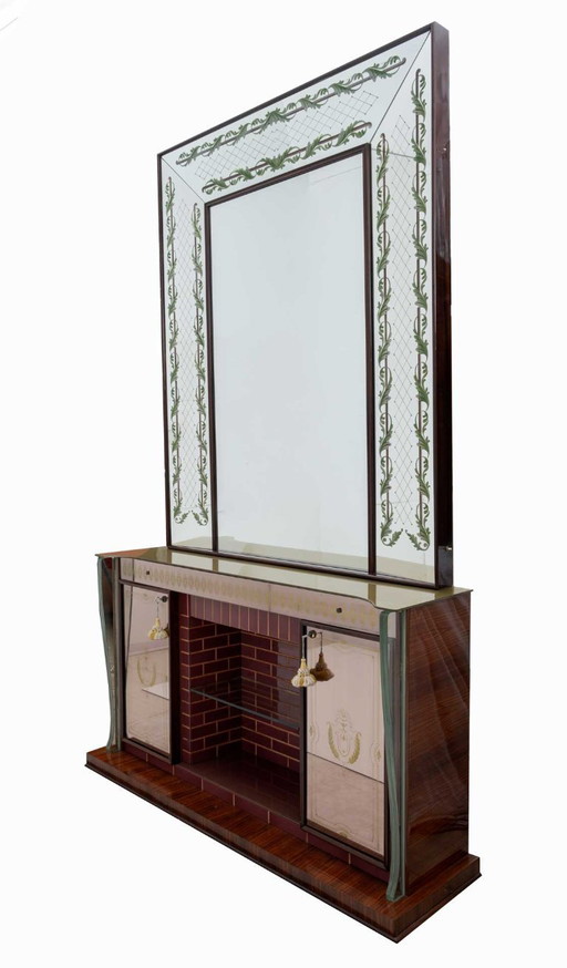 Luigi Brusotti Mid-Century Modern Italian Bar Cabinet with Decorated Mirror, 40s