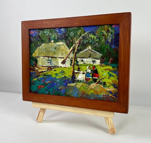 Original Oil Painting Summer Village Landscape Conversation in the embrace of silence