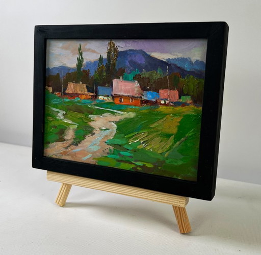 Original Oil Painting Rural Evening Landscape A Quiet Village Spread Over The Hills