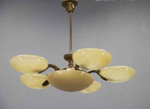 Lustre Art Nouveau à six lumières en laiton de Jenčík, Tchécoslovaquie, années 1920, étiquette