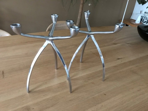 Tripod polished aluminum vintage candlesticks Space Aged period