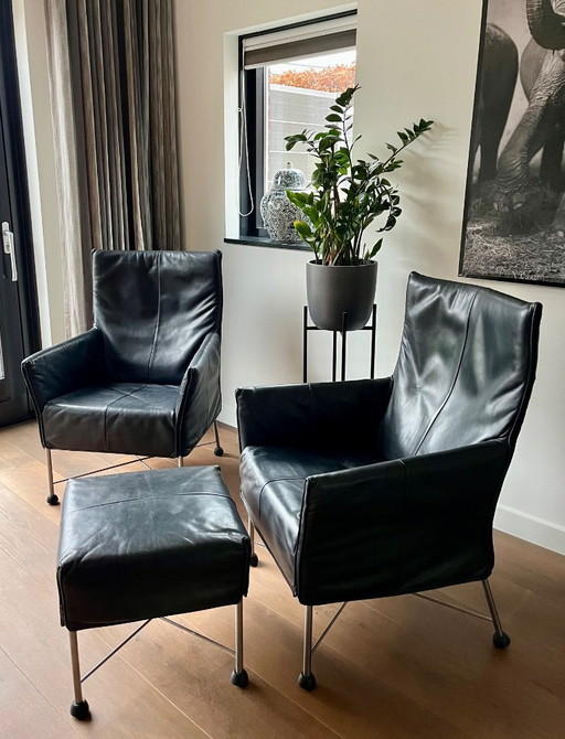 Montis: black leather footstool Charlie - Gerard van den Berg
