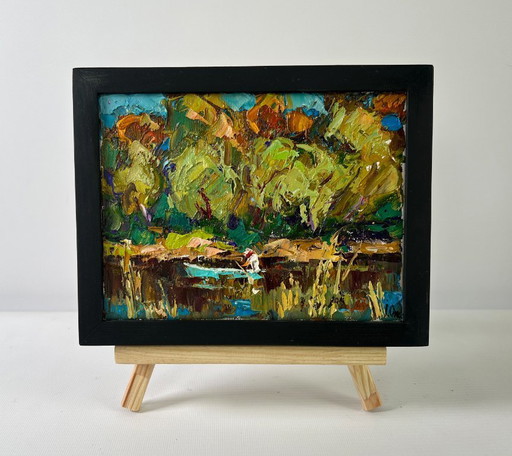 Original Oil Painting Coastal Forest Landscape Summer day by the river
