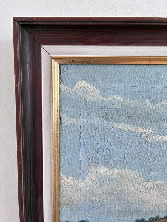 Image 1 of Peinture à l'huile originale ancienne représentant un paysage de campagne, signée.