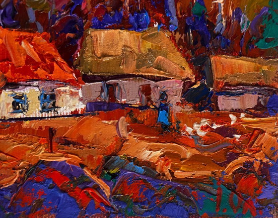 Image 1 of Original Oil Painting Autumn Village Landscape Autumn night in the village