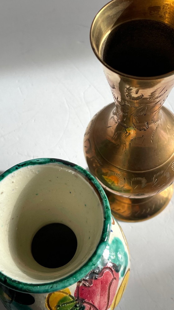 Image 1 of Vintage Handcrafted Ceramic and Brass Vases