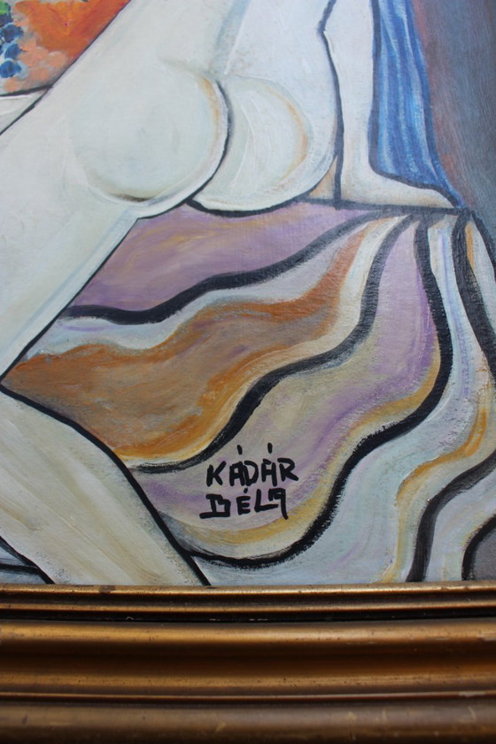 Image 1 of Modernist Hungarian Style Oil Painting Three Graces Homage to Béla Kádár