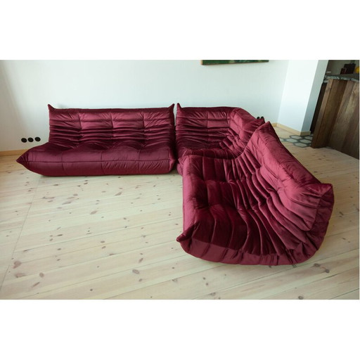 Togo vintage living room set in burgundy velvet by Michel Ducaroy for Ligne Roset, France 1970