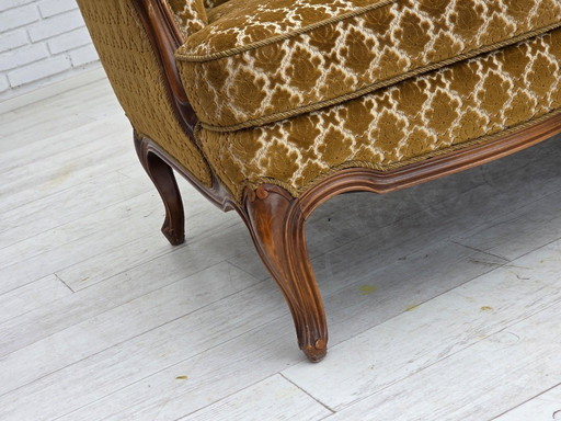 1950s, Danish 3-seater sofa, furniture velour, carved ash wood.