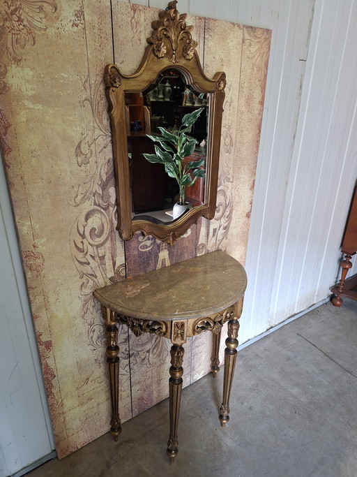 Antique Baroque wall console, side table. Hall table with mirror, dimensions: 71x38 cm and 82 cm high.