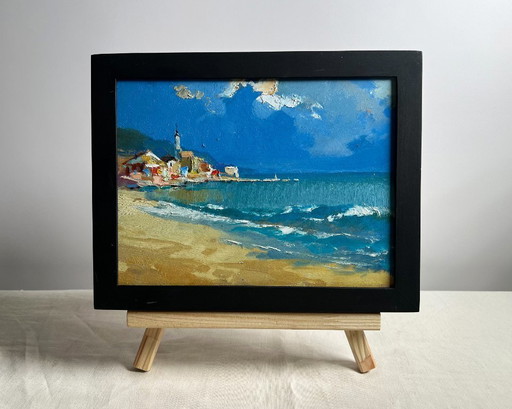 Original Oil Painting Summer Beach Landscape Walking along the sandy shore