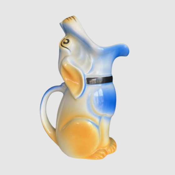 Image 1 of Brocca Art Déco blu-gialla a forma di cane – Brocca Mosa Maastricht – Vaso-Brocca in ceramica olandese degli anni '20