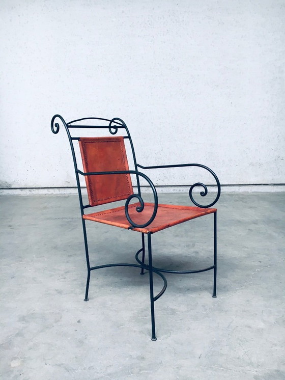 Image 1 of Eetkamerstoelset van smeedijzer en cognackleurig leer, Spanje, jaren 60