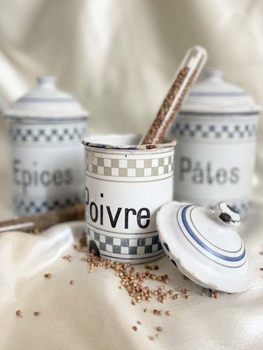 Retro kitchen decoration set: vintage enamel boxes - pepper, spices, pasta - 1930s-1940s