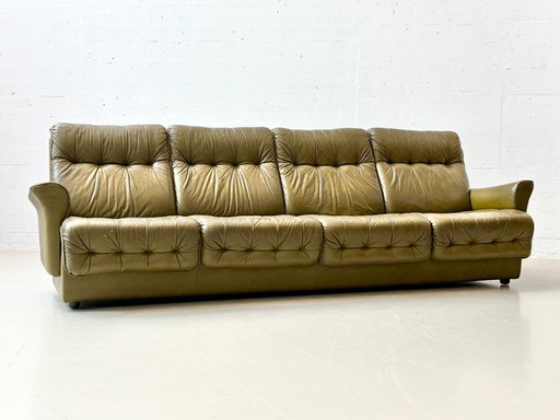 Grosszügiges Retro Ledersofa in Olivgrün, 1970er Jahre