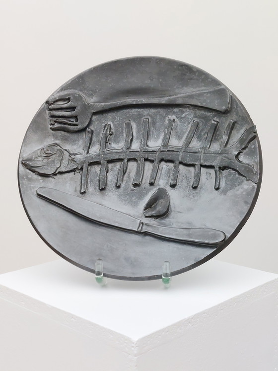 Image 1 of Brutalist Mid Century Vanitas Ceramic Plate with Silver Oxide Glaze