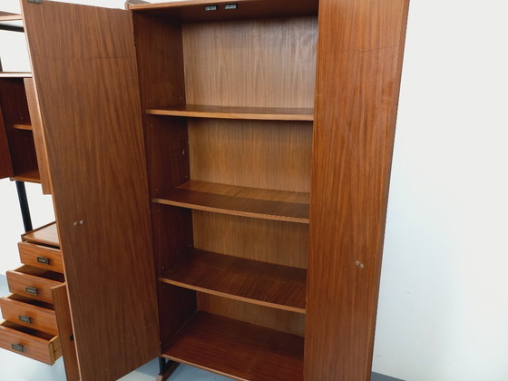 Image 1 of Vintage Italian teak and metal double modular bookshelf from the 60s