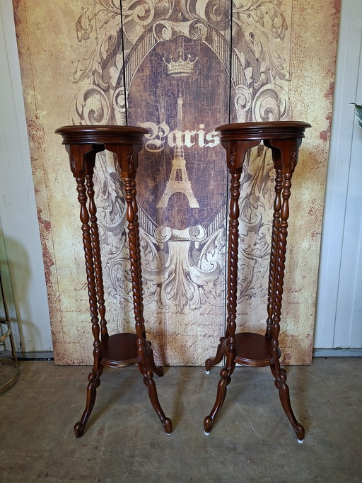 Classic mahogany wooden plant tables side tables, dimensions 28x28cm and 100cm high.