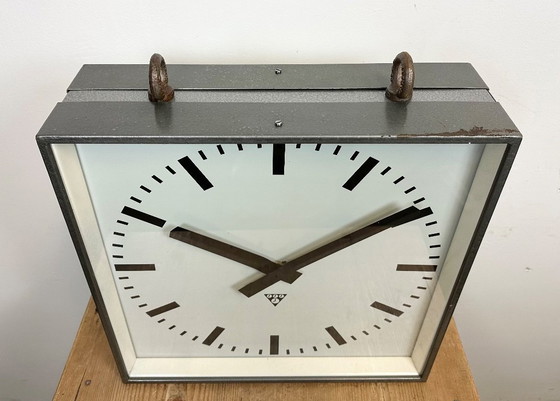 Image 1 of Large Square Industrial Double-Sided Factory Hanging Clock from Pragotron, 1970s