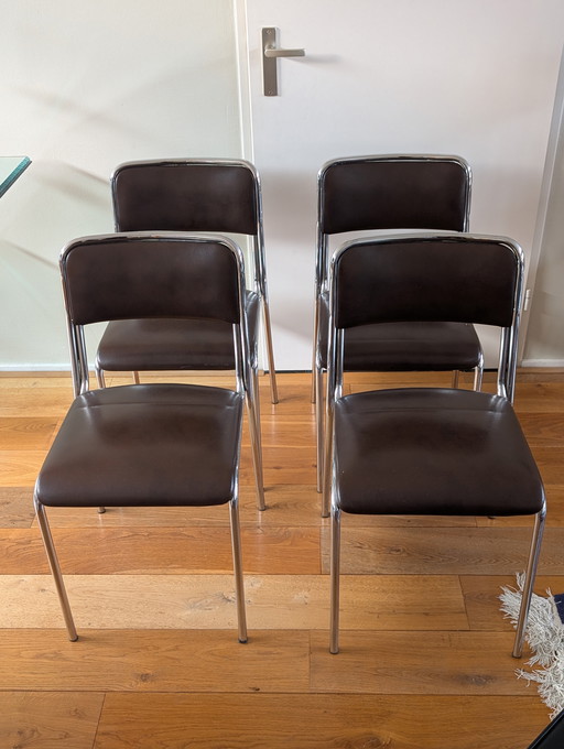 Vintage jaren 70 buisframe eetkamerstoelen / stoelen Bauhaus  donker bruin 