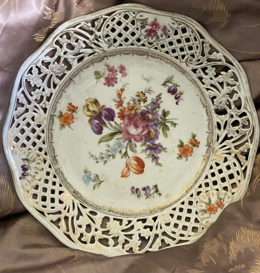 Alter Schumann Dresden vintage Obstteller Servierteller Durchbruch Flower 