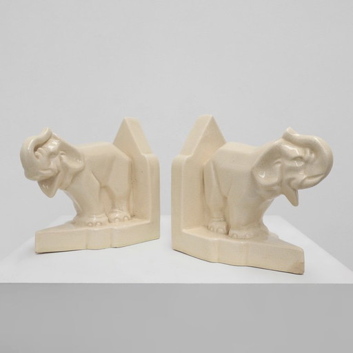 French Art Deco Ceramic Bookends in Elephant Motif, 1930s