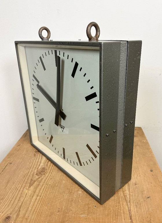 Image 1 of Large Square Industrial Double-Sided Factory Hanging Clock from Pragotron, 1970s