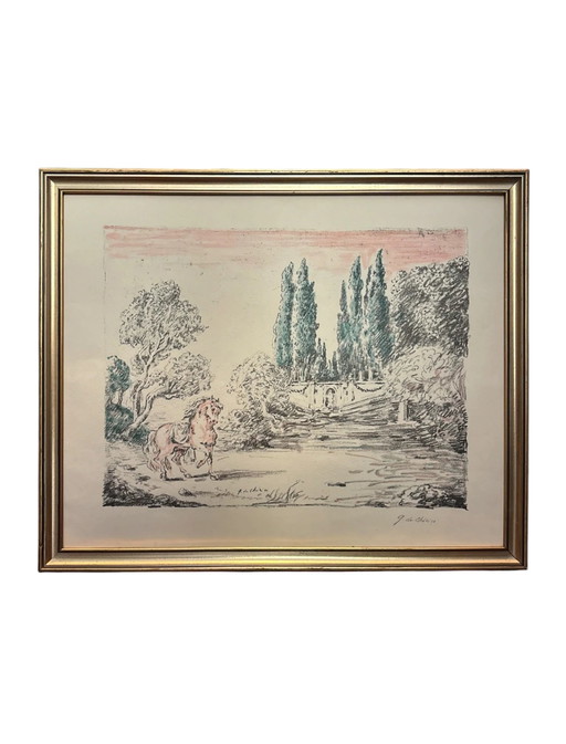 Original Color Lithograph 'Horse at Villa Falconieri' by Giorgio De Chirico, 1954