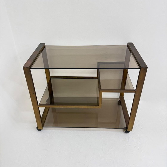 Image 1 of Barwagen aus Messing mit Rauchglas aus der Mitte des 20. Jahrhunderts, 1970er Jahre