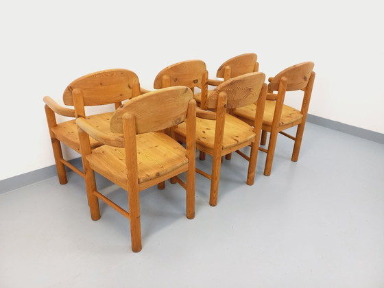 Image 1 of Set van 6 vintage Scandinavische Rainer Daumiller fauteuils van grenenhout uit de jaren 70.