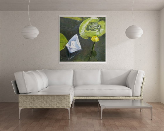 Peinture à l'huile originale, symbolisme de l'art moderne, nénuphar, grenouille, une rencontre (photo 3 of 7)
