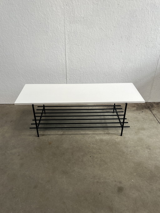 Vintage Coffee Table, White Wooden Top On Black Steel Frame. 1970's