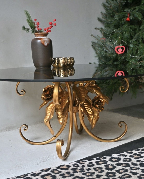 Image 1 of Coffee table with gilded metal flowers in the style of Hans Kögl