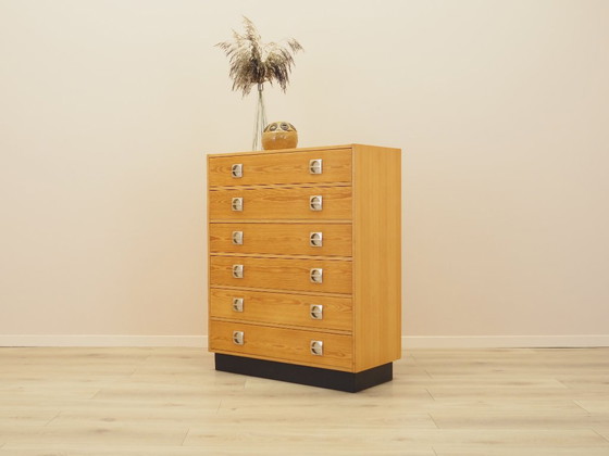 Danish pine veneer chest of drawers with six drawers, 1970s, Wood, Yellow (photo 3 of 11)