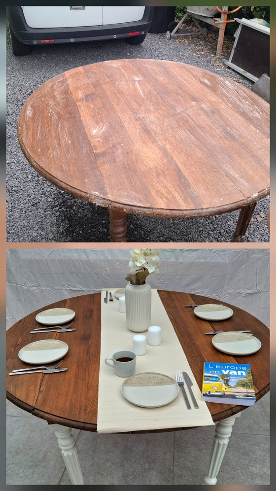 Image 1 of 🪵 Solid oak table with drop leaves — white lacquered legs — vintage chic style