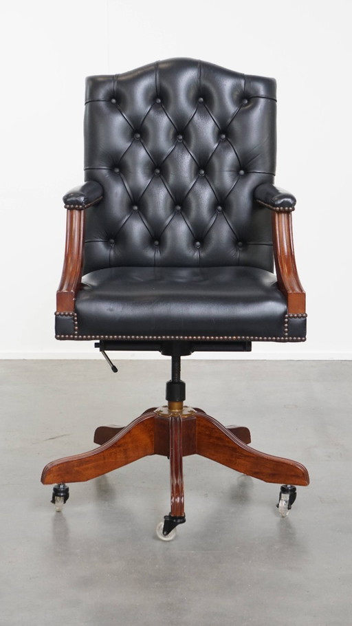 Chaise de bureau chesterfield à roulettes en cuir de vachette bleu foncé/noir