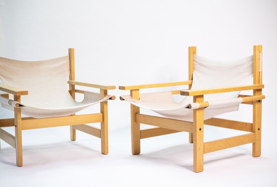 Image 1 of Mid-Century Lounge Sessel aus Holz mit Canvas, 1960er, Set of 2