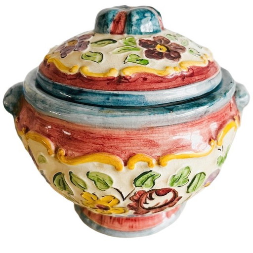Vintage mid-century hand-painted bonbonnière Rigo Majolica flower lidded jar 1950s